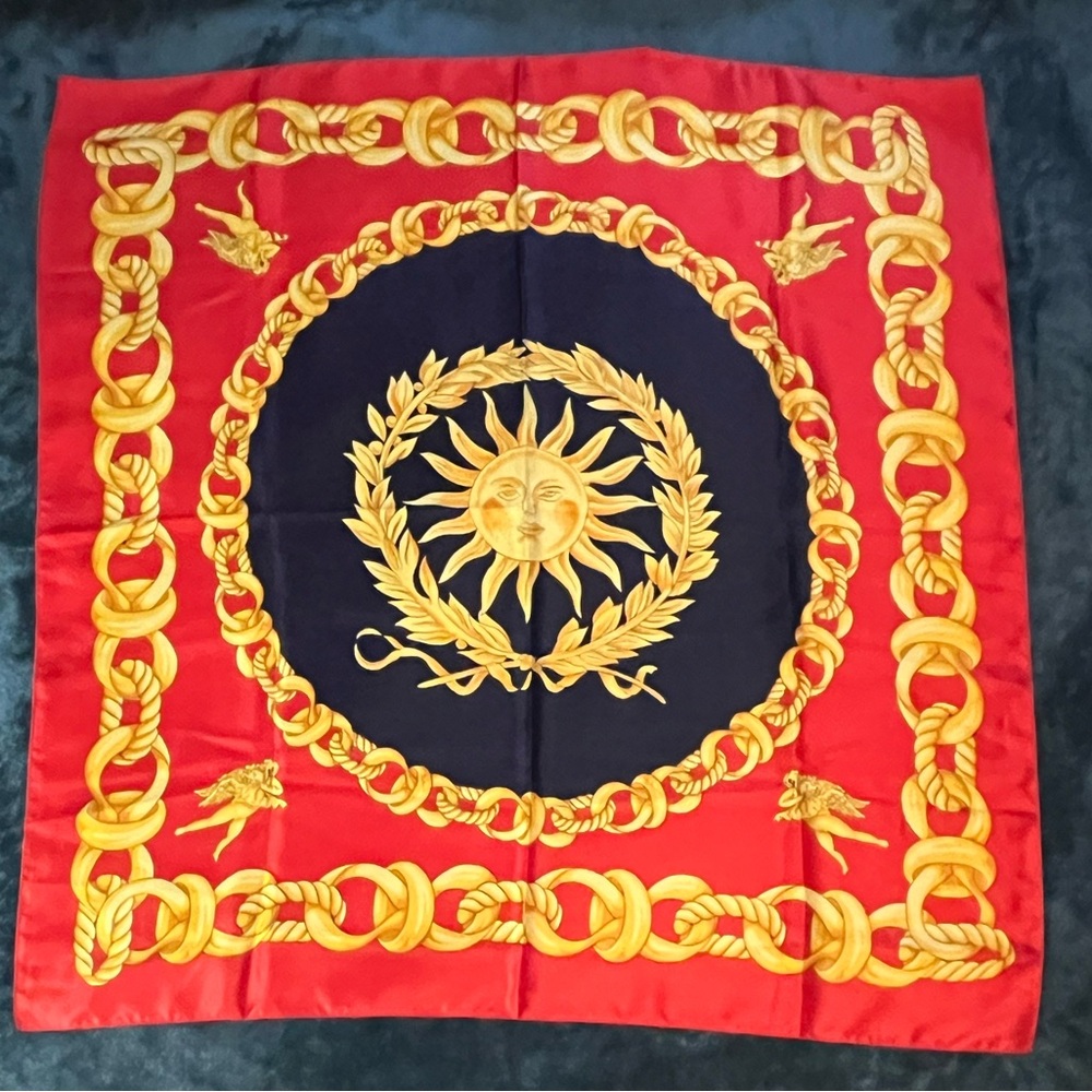 Vibrant Red, Navy and Gold Sun Motif Scarf